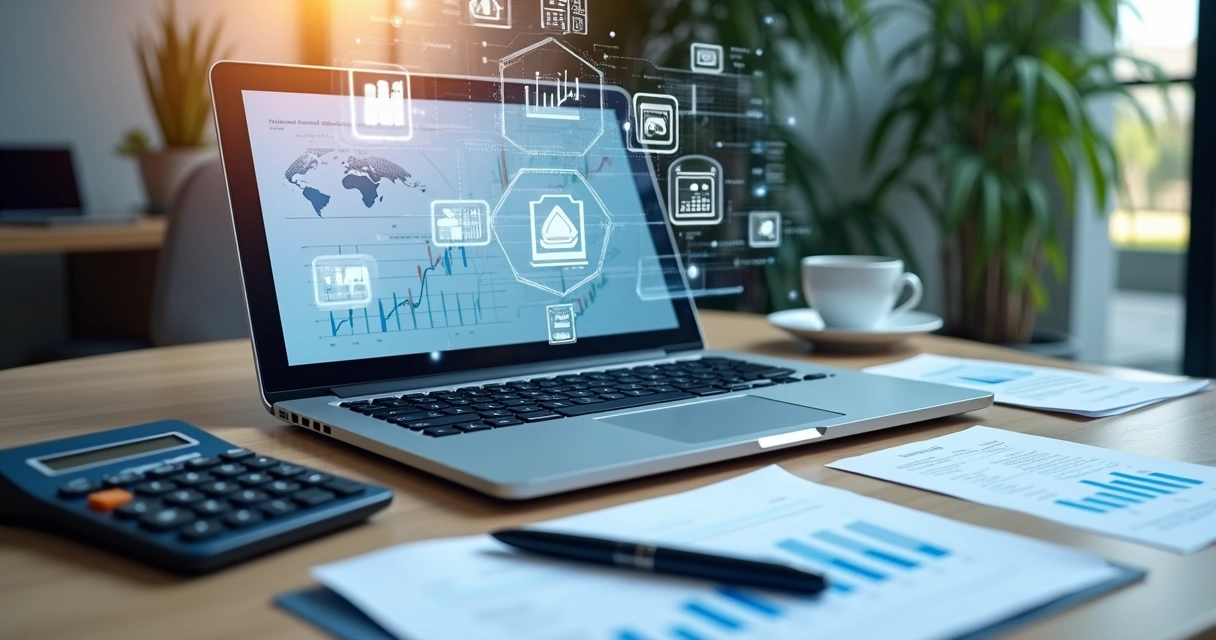 Mesa de escritório com laptop exibindo gráficos financeiros digitais, calculadora, documentos e xícara de café