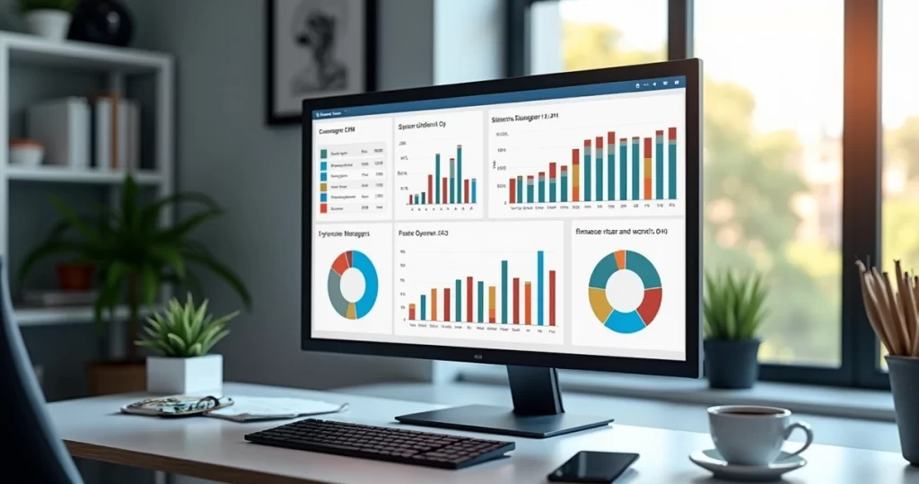 Interface de CRM integrado ao financeiro exibida em tela de computador moderno com gráficos e tabelas detalhadas