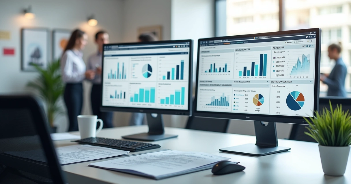 Computador com telas mostrando gráficos de vendas e finanças integrados em um ambiente de escritório moderno