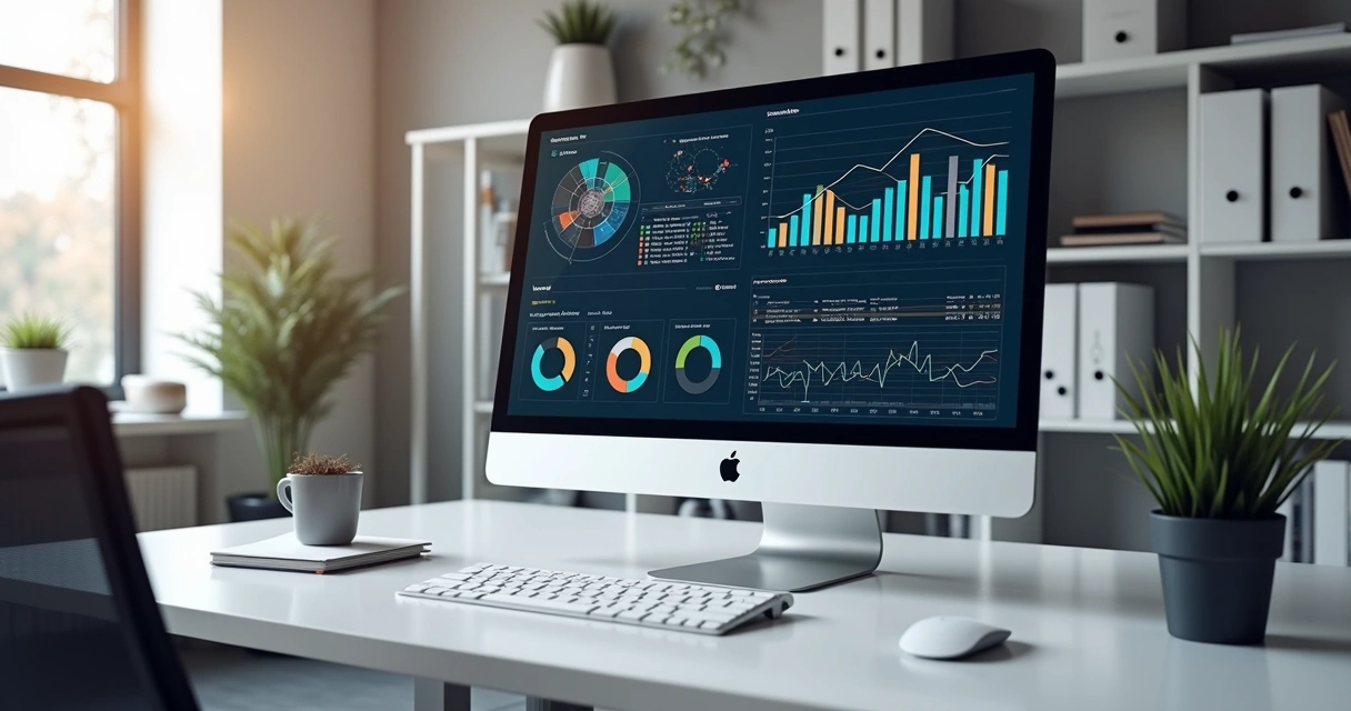 Computador com tela mostrando gráficos de gestão empresarial e integrações de sistemas em escritório moderno