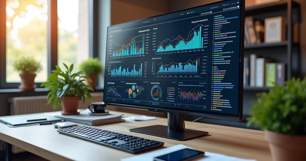 Tela de computador exibindo gráficos de integração entre sistemas CRM e ERP