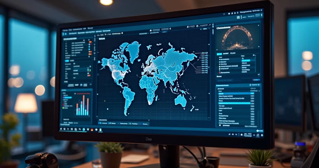 Tela de computador mostrando dashboard digital com conexões de sistemas integrados em um ambiente corporativo moderno