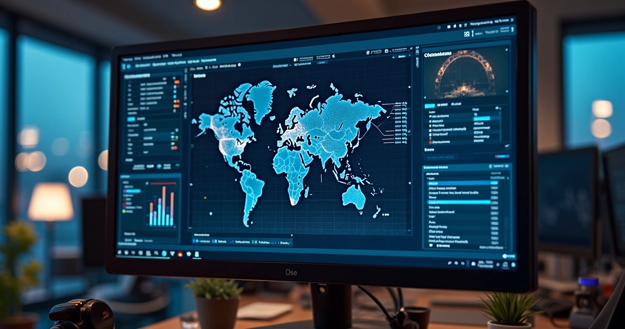 Tela de computador mostrando dashboard digital com conexões de sistemas integrados em um ambiente corporativo moderno