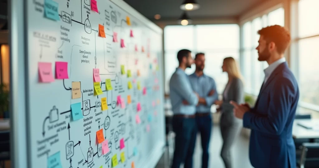 Pessoa analisando fluxos de processos empresariais em quadro branco com notas adesivas coloridas