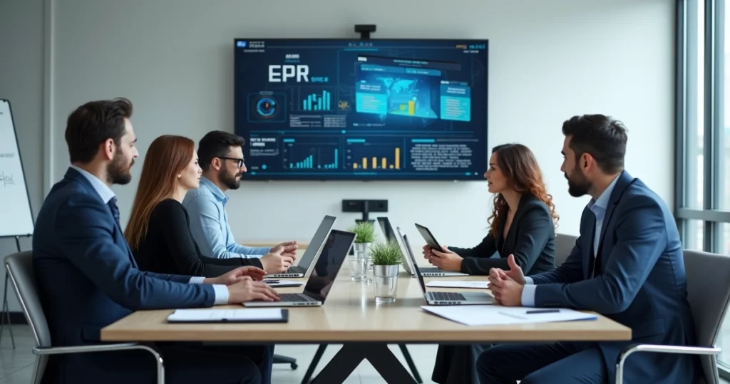 Equipe de profissionais em sala moderna discutindo escolha de ERP em ambiente iluminado e tecnológico