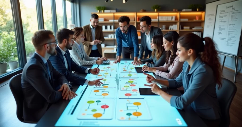 Equipe empresarial ajustando fluxos de trabalho em computador com gráficos de vendas na tela