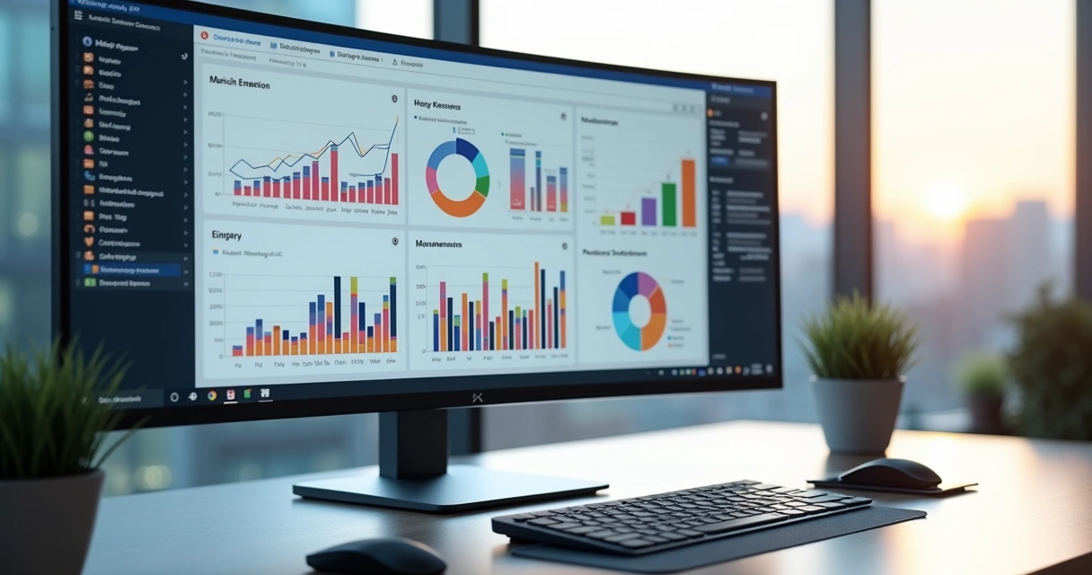 Dashboard digital com gráficos e indicadores de desempenho em CRM exibidos em tela de computador