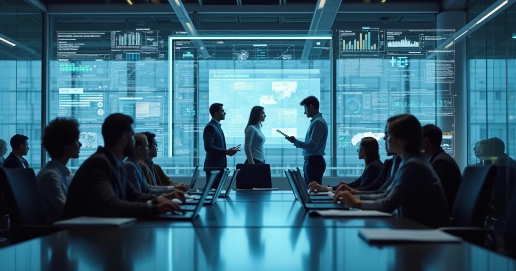 Equipe empresarial diversa reunida em sala moderna integrada por telas digitais exibindo gráficos de vendas, estoque e atendimento ao cliente interligados