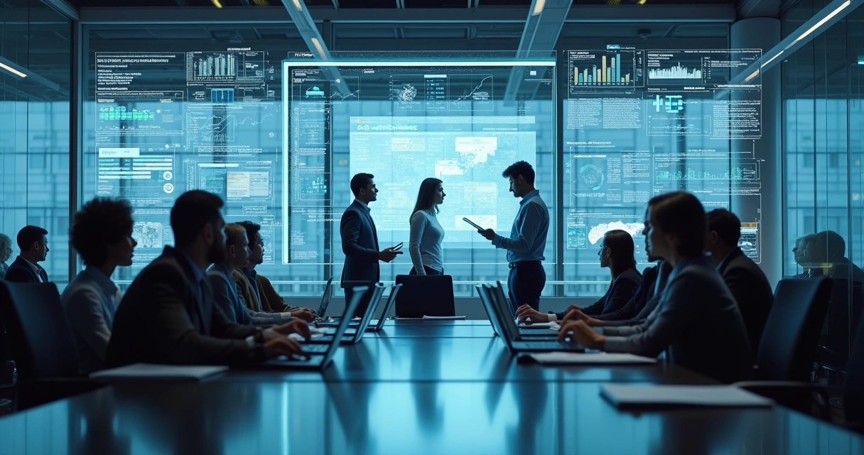 Equipe empresarial diversa reunida em sala moderna integrada por telas digitais exibindo gráficos de vendas, estoque e atendimento ao cliente interligados