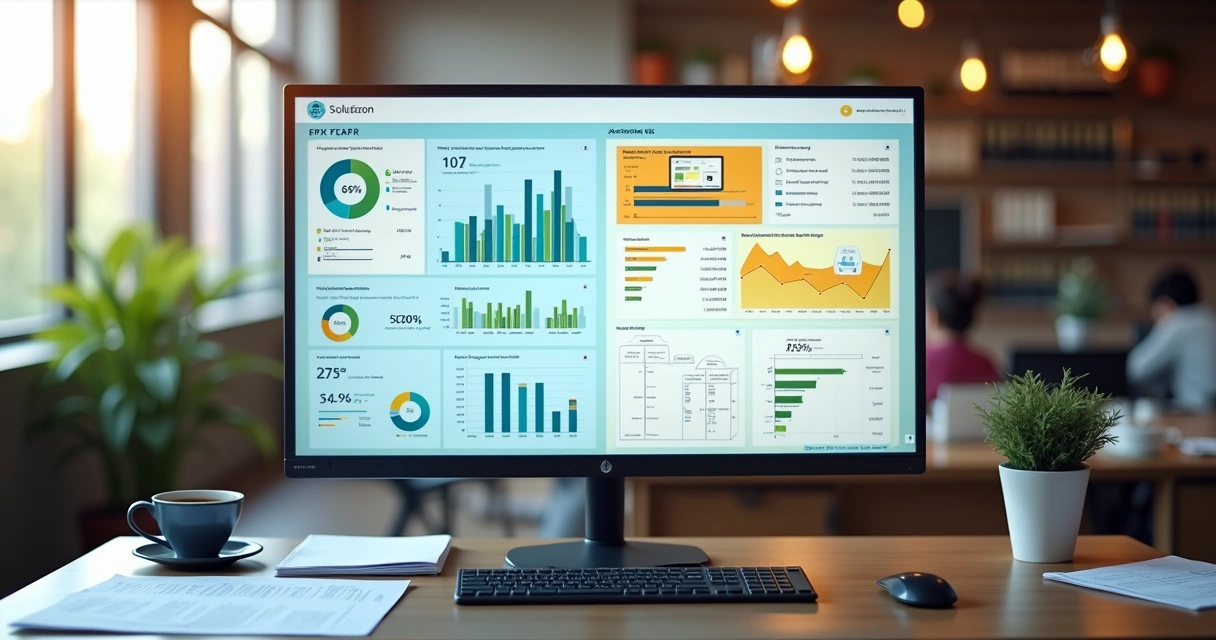 Representação visual de processos financeiros e operacionais integrados em um sistema ERP no computador