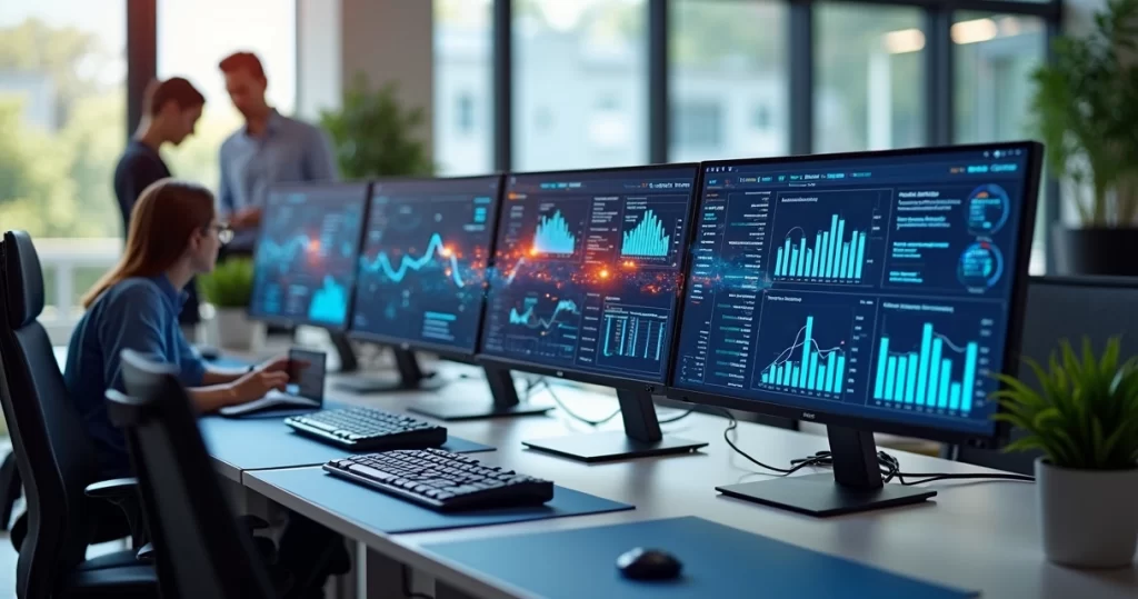 Computadores mostrando dashboards conectados representando integração de dados entre setores com sistema ERP único