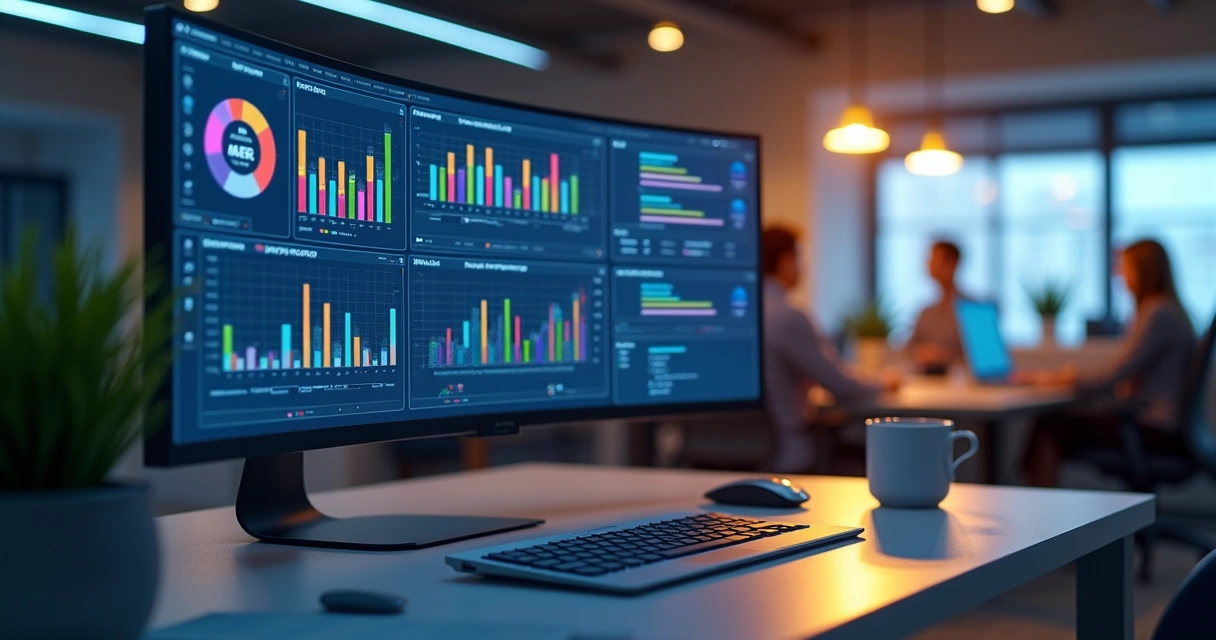 Tela de computador exibindo gráficos de BI integrados a sistema ERP em ambiente de escritório moderno