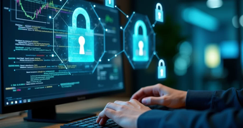 Mãos humanas digitando em teclado com tela de computador exibindo gráficos de segurança e código de autenticação