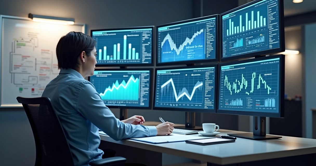 Profissional de TI organizando dados em várias telas de computador com gráficos e planilhas para migração ERP