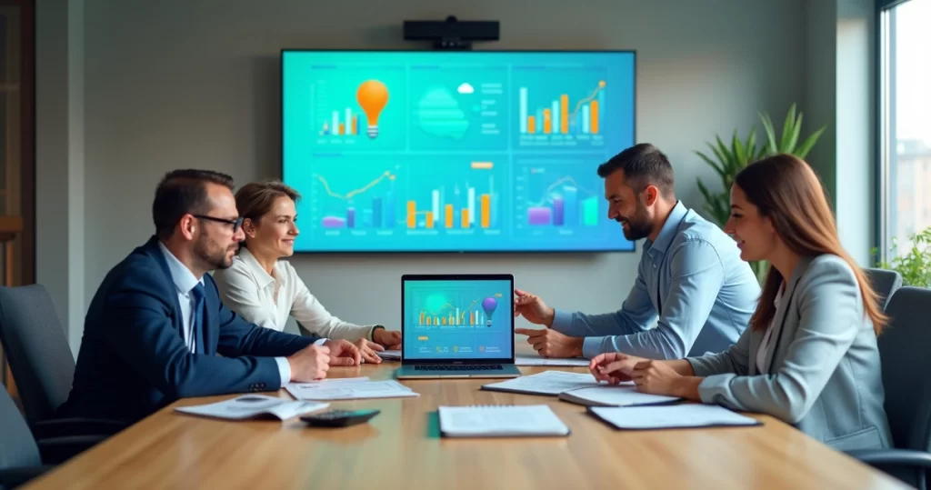 Reunião colaborativa entre equipes de vendas e financeiro analisando gráficos em um laptop