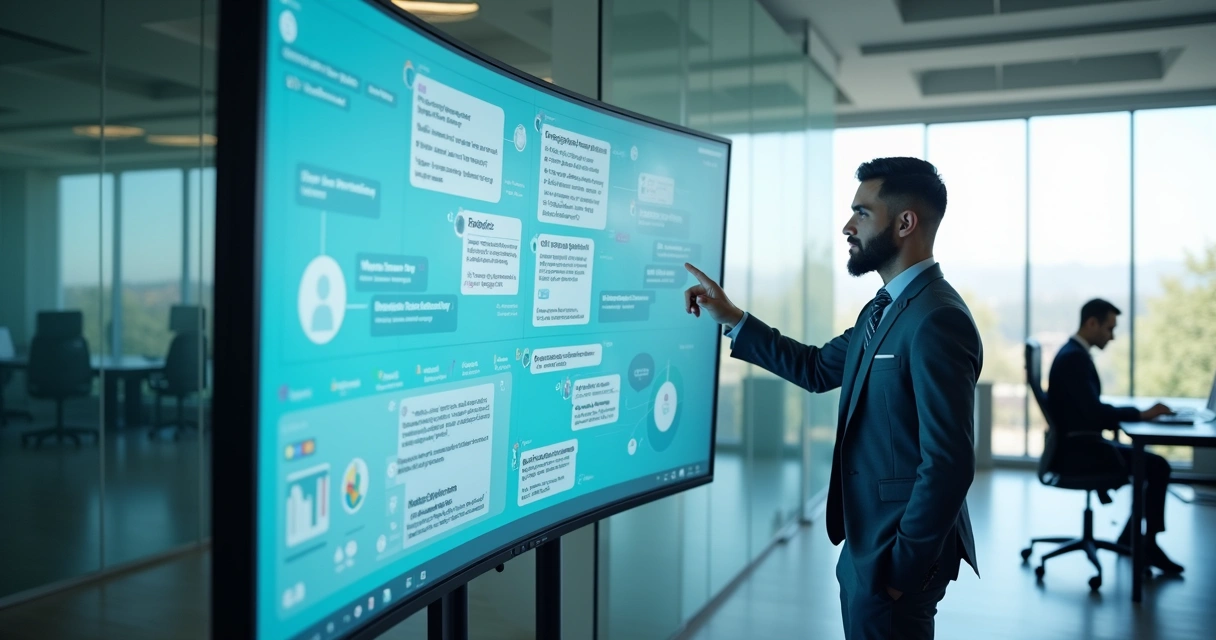 Executivo acompanhando painel de atendimento com IA em ambiente corporativo B2B