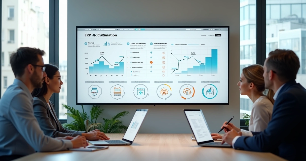 Equipe analisando painel de automação em sistema ERP em tela grande de computador