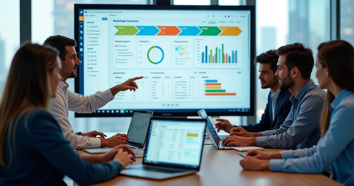 Equipe B2B analisando painel de CRM com funil de vendas e gráficos em tela grande