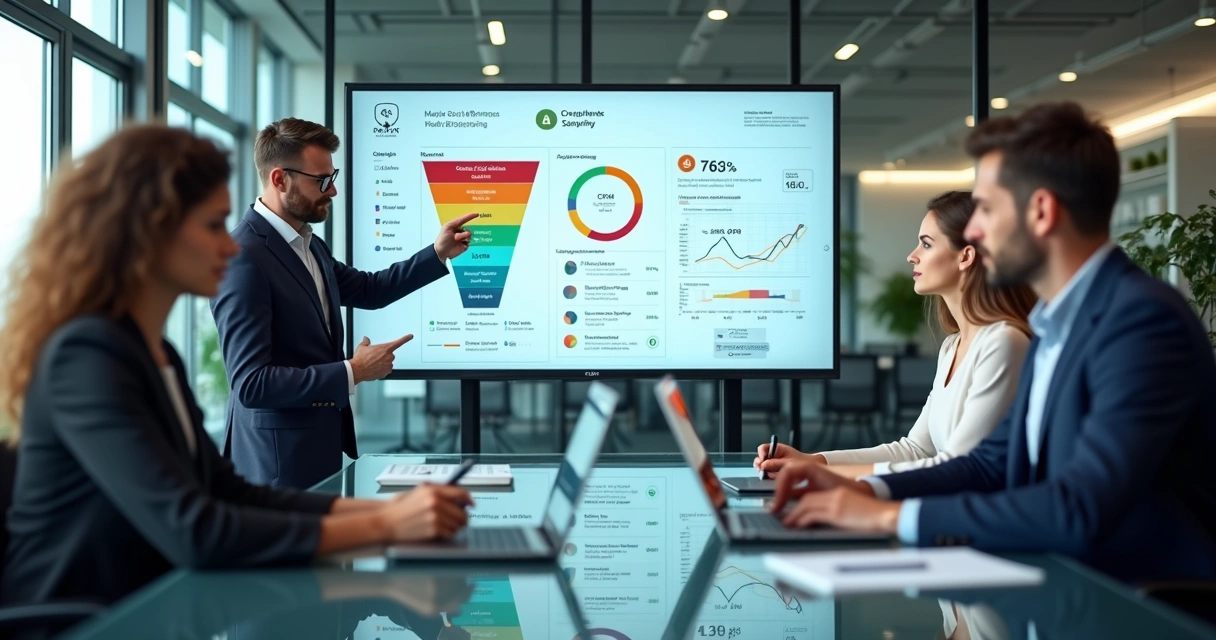 Equipe B2B analisando funil de vendas consultivas em dashboard de CRM