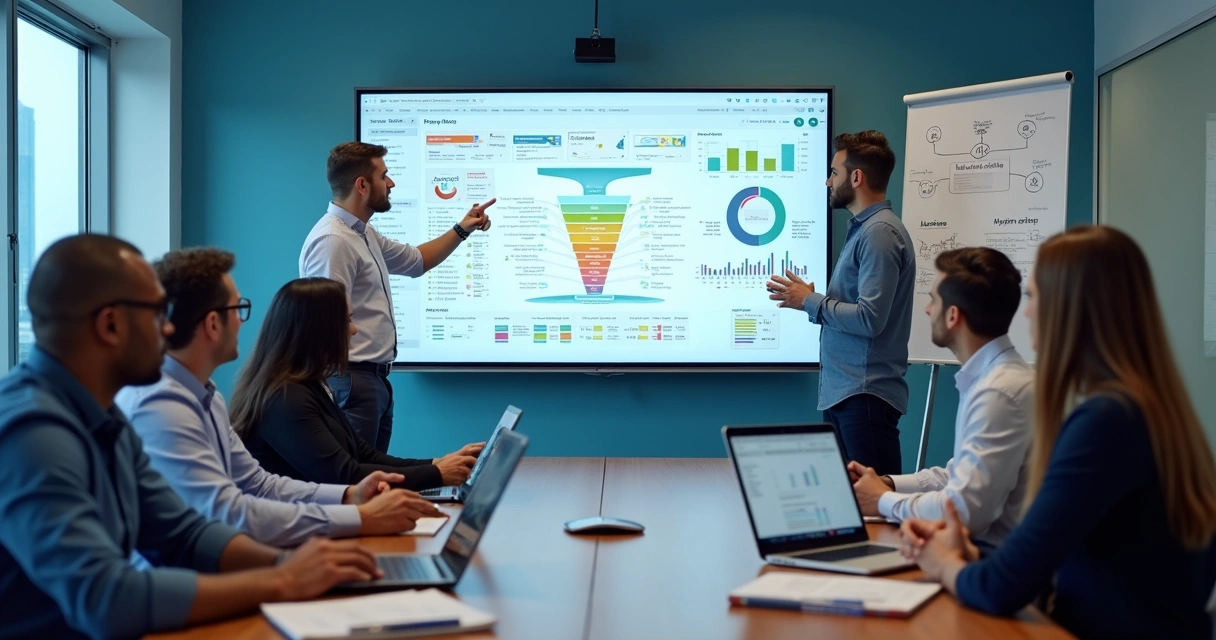 Equipe de vendas B2B analisando funil de vendas consultivas em painel de CRM