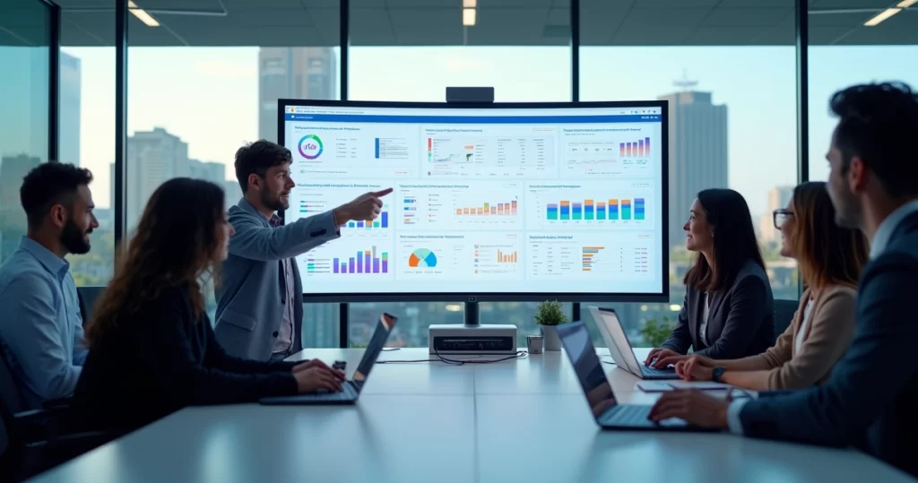 Painel de CRM e ERP em tela grande com equipe B2B analisando funis de vendas e indicadores financeiros