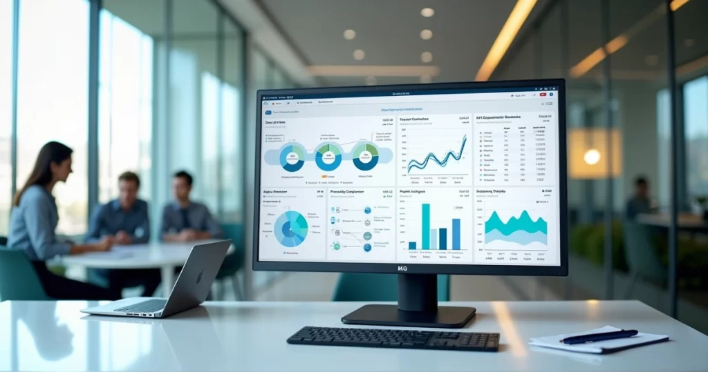 Tela de dashboard com portfólio de serviços integrado ao CRM e ERP
