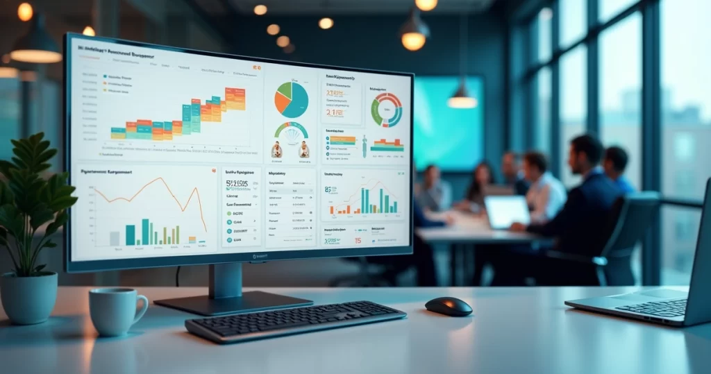 Painel ERP B2B integrando vendas, financeiro, projetos e suporte em uma única tela