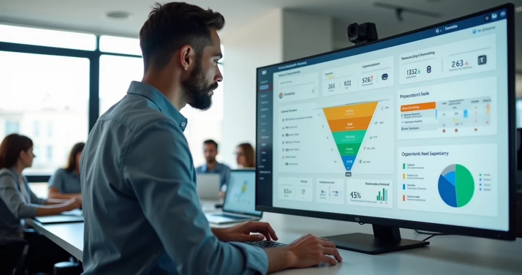 Gestor analisando dashboard de sistema de vendas CRM com visão 360 do funil e cliente