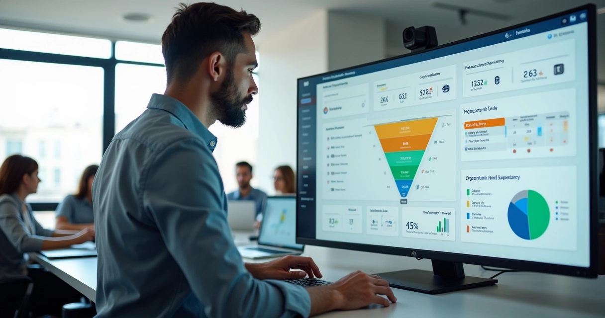 Gestor analisando dashboard de sistema de vendas CRM com visão 360 do funil e cliente