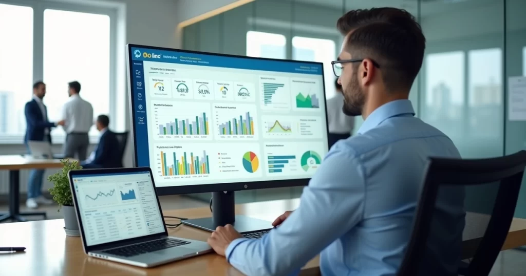 Gestor analisando painel financeiro de DRE automatizado em sistema ERP na tela do computador
