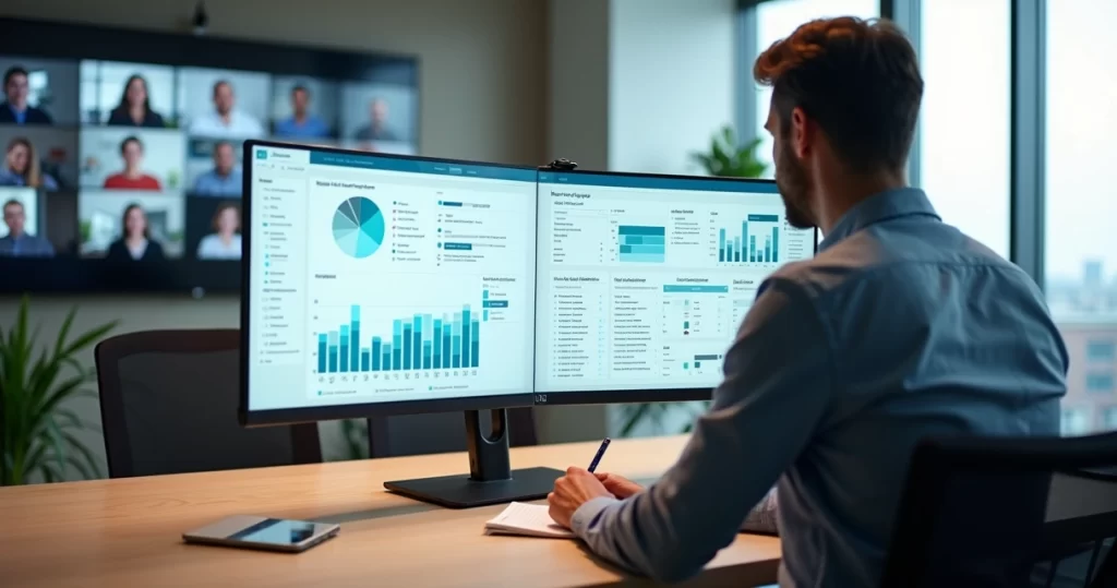 Equipe híbrida colaborando em videoconferência com dashboards de CRM e ERP na tela