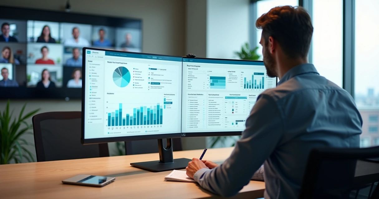 Equipe híbrida colaborando em videoconferência com dashboards de CRM e ERP na tela