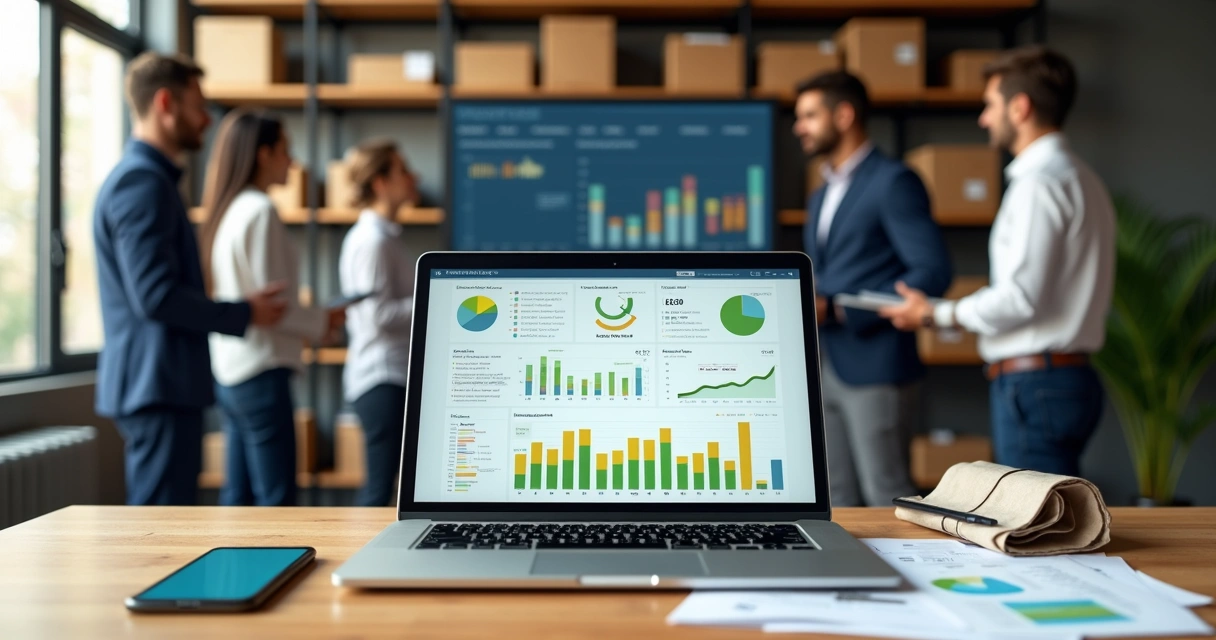 Dashboard de ERP com controle de estoque integrado a vendas B2B em tela de notebook