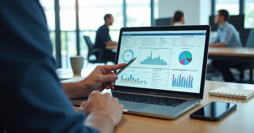 Gestor analisando dashboard financeiro integrado em sistema ERP na tela do notebook