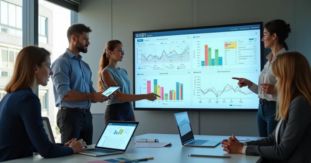 Equipe analisando dashboard de ERP com gestão de projetos em tela gigante