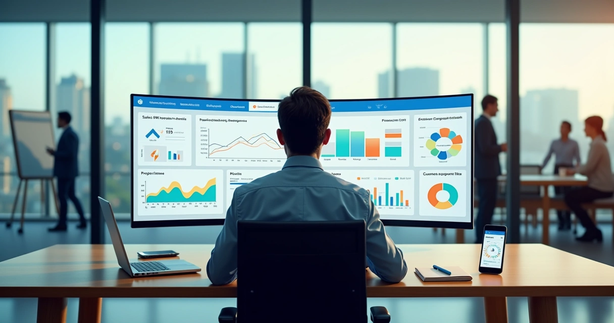 Gestor analisando painel de ERP com integrações entre vendas, financeiro e estoque