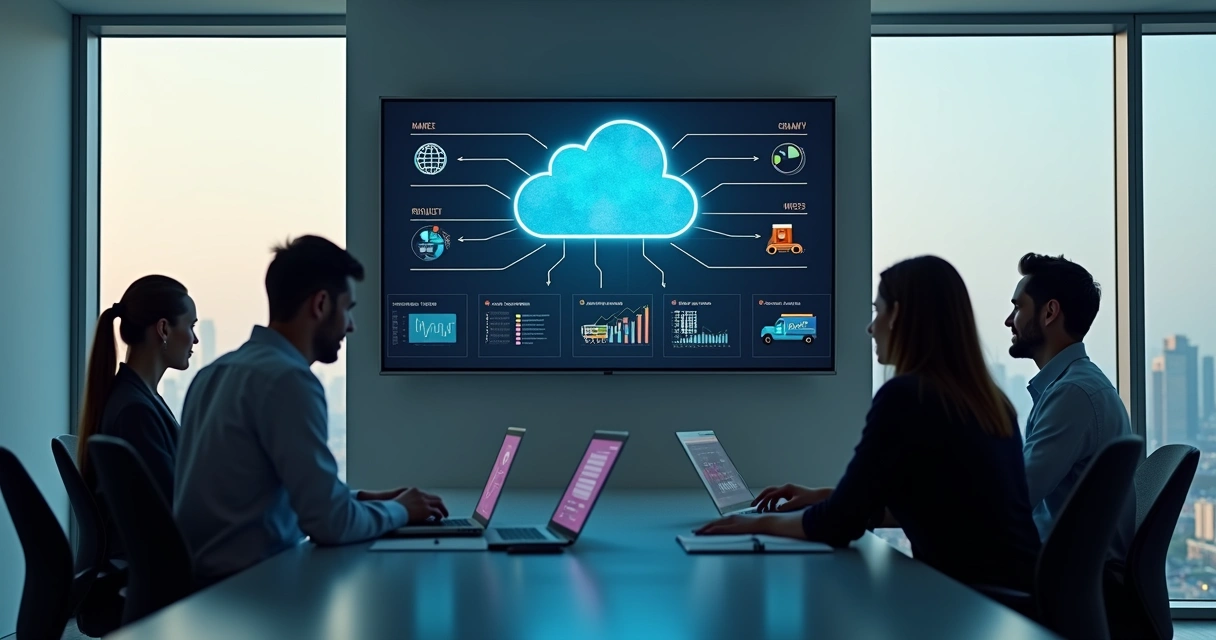 Equipe analisando painel de ERP na nuvem em grande tela com ícones de áreas integradas