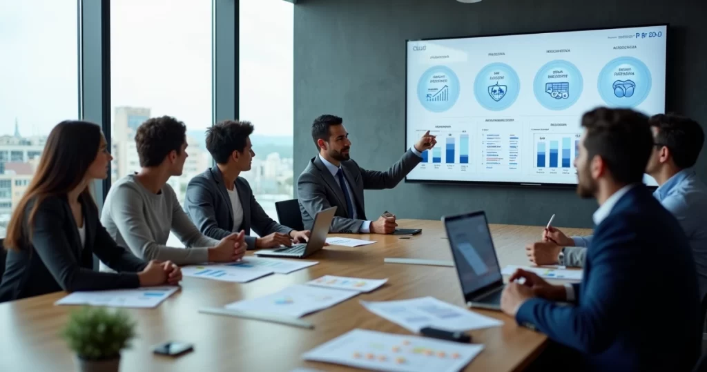 Gestor analisando painel de ERP em nuvem em reunião de equipe