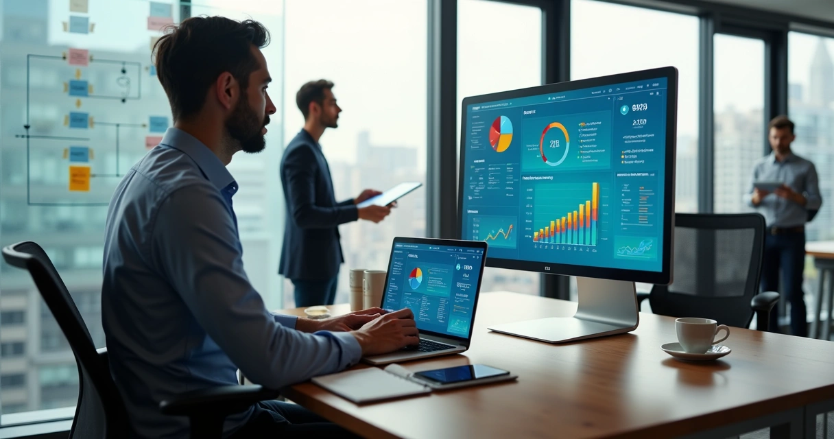 Gestor analisando dashboard de ERP em pequena empresa B2B