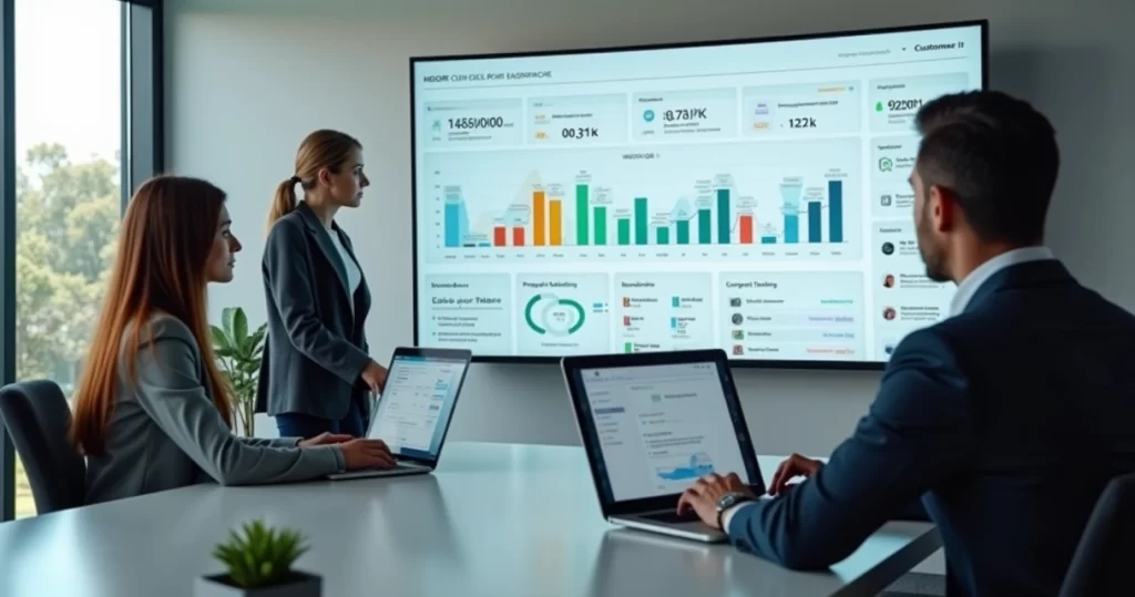Equipe acompanhando dashboard de ERP integrado ao suporte ao cliente em tela gigante