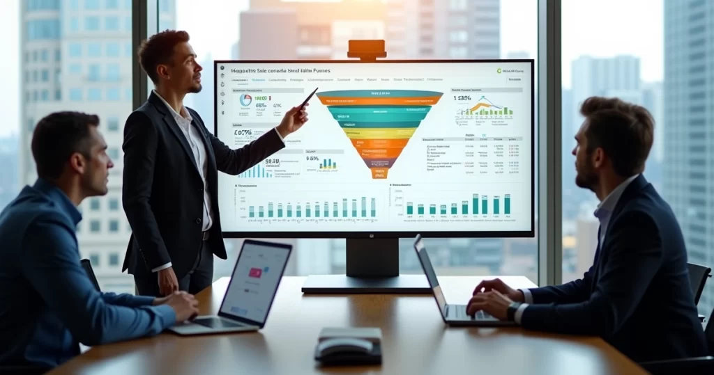 Dashboard de funil de vendas B2B personalizado em tela com equipe analisando dados