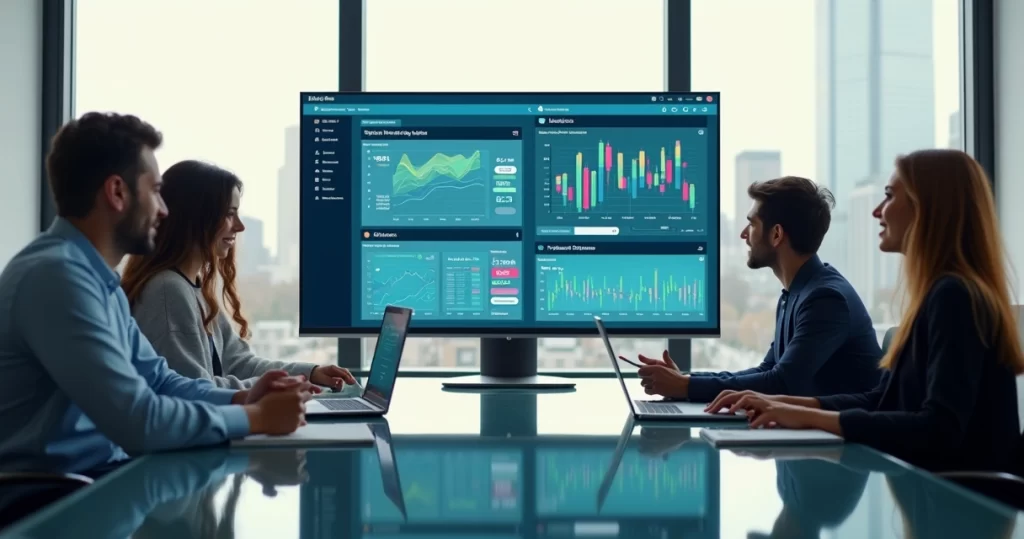 Equipe analisa painel de gestão empresarial online com gráficos integrando vendas, financeiro e projetos