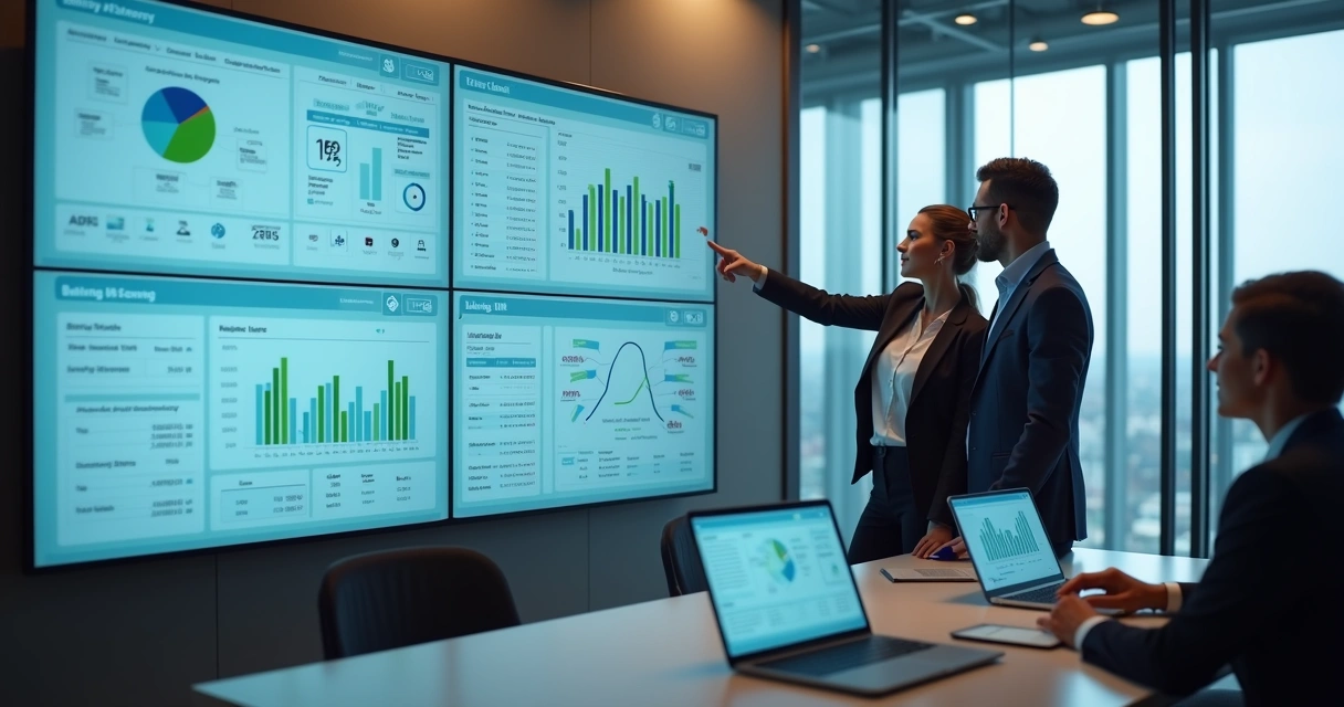 Executivos analisando painel financeiro automatizado em telas digitais