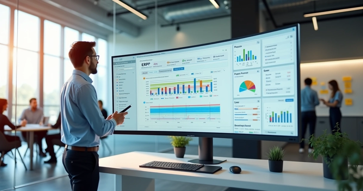 Gestor analisa painel de projetos integrado ao ERP em tela ampla