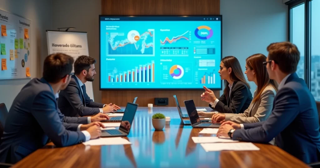 Gestores em reunião analisando dashboards com termos empresariais em destaque