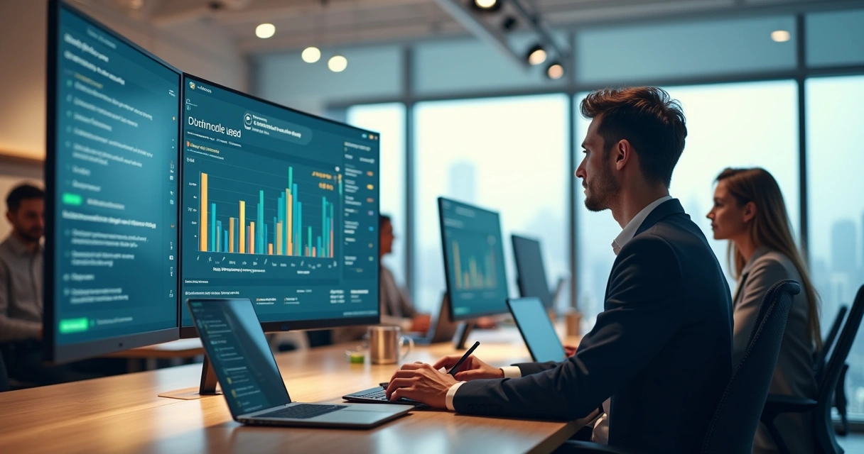 SDR analisando painel de vendas com assistente de IA e lista de leads em destaque