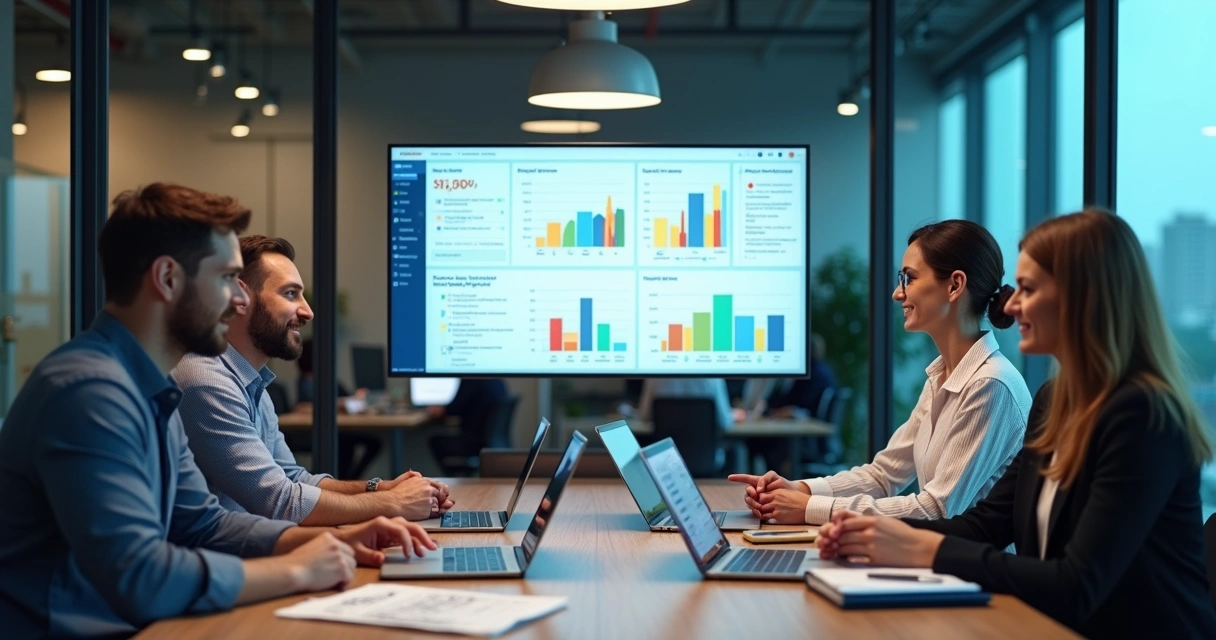 Executivos analisando painel de dados de intenção de compra B2B em tela grande