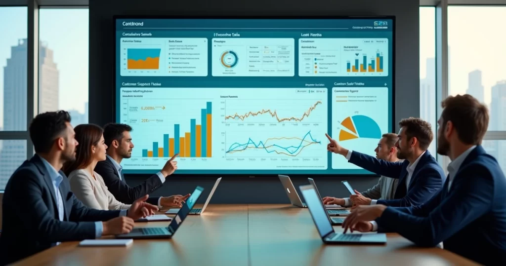 Dashboard integrado de CRM e ERP com equipes B2B analisando dados em grande tela