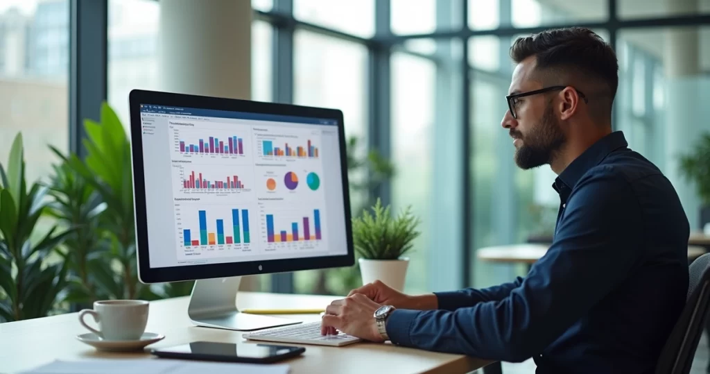 Profissional analisando gráficos e dados na tela de computador para personalizar ERP em ambiente corporativo