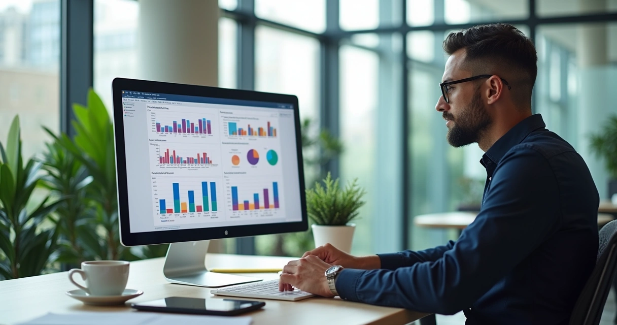 Profissional analisando gráficos e dados na tela de computador para personalizar ERP em ambiente corporativo